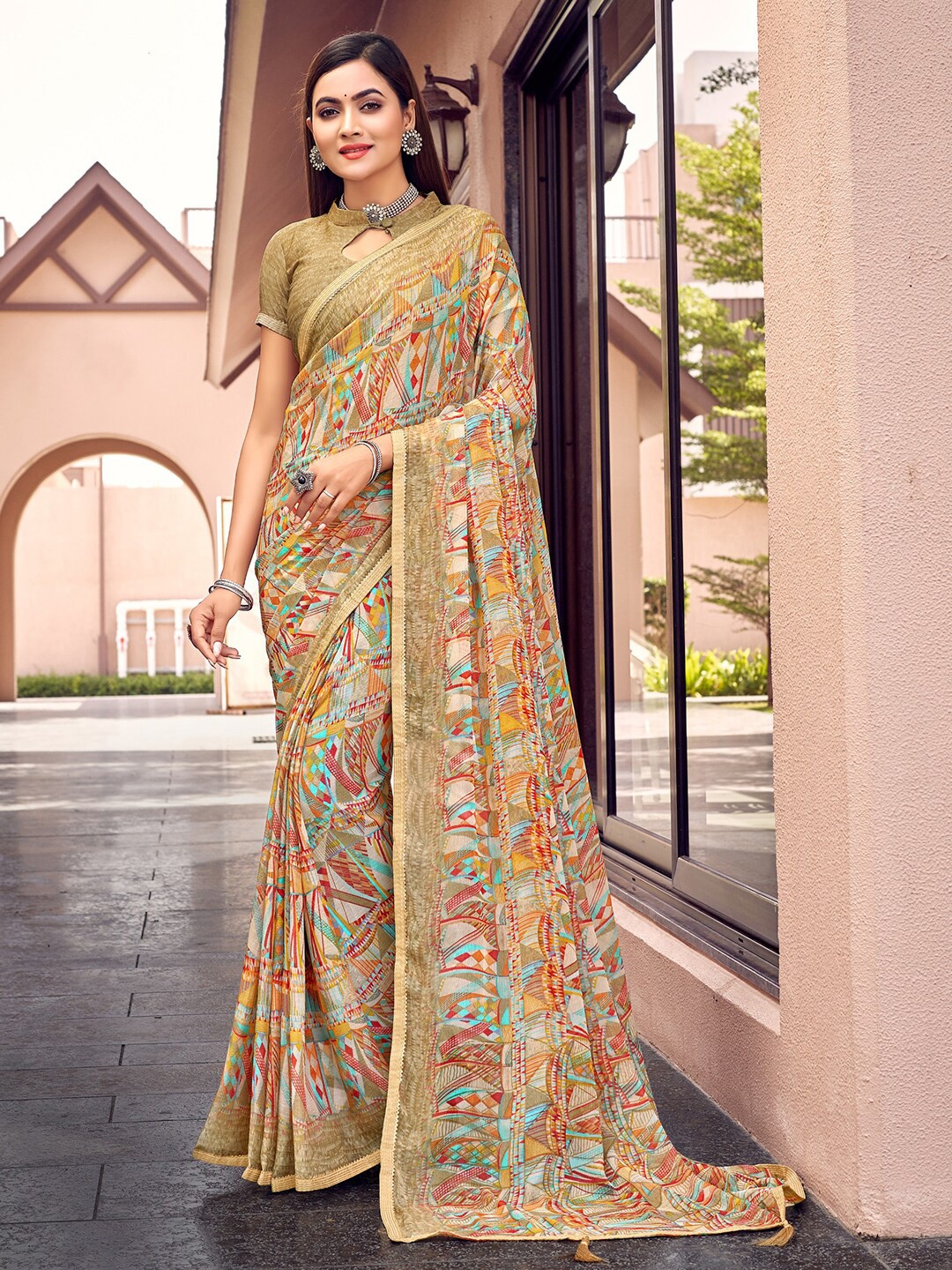 

Kasak Abstract Printed Gotta Patti Pure Chiffon Saree, Orange