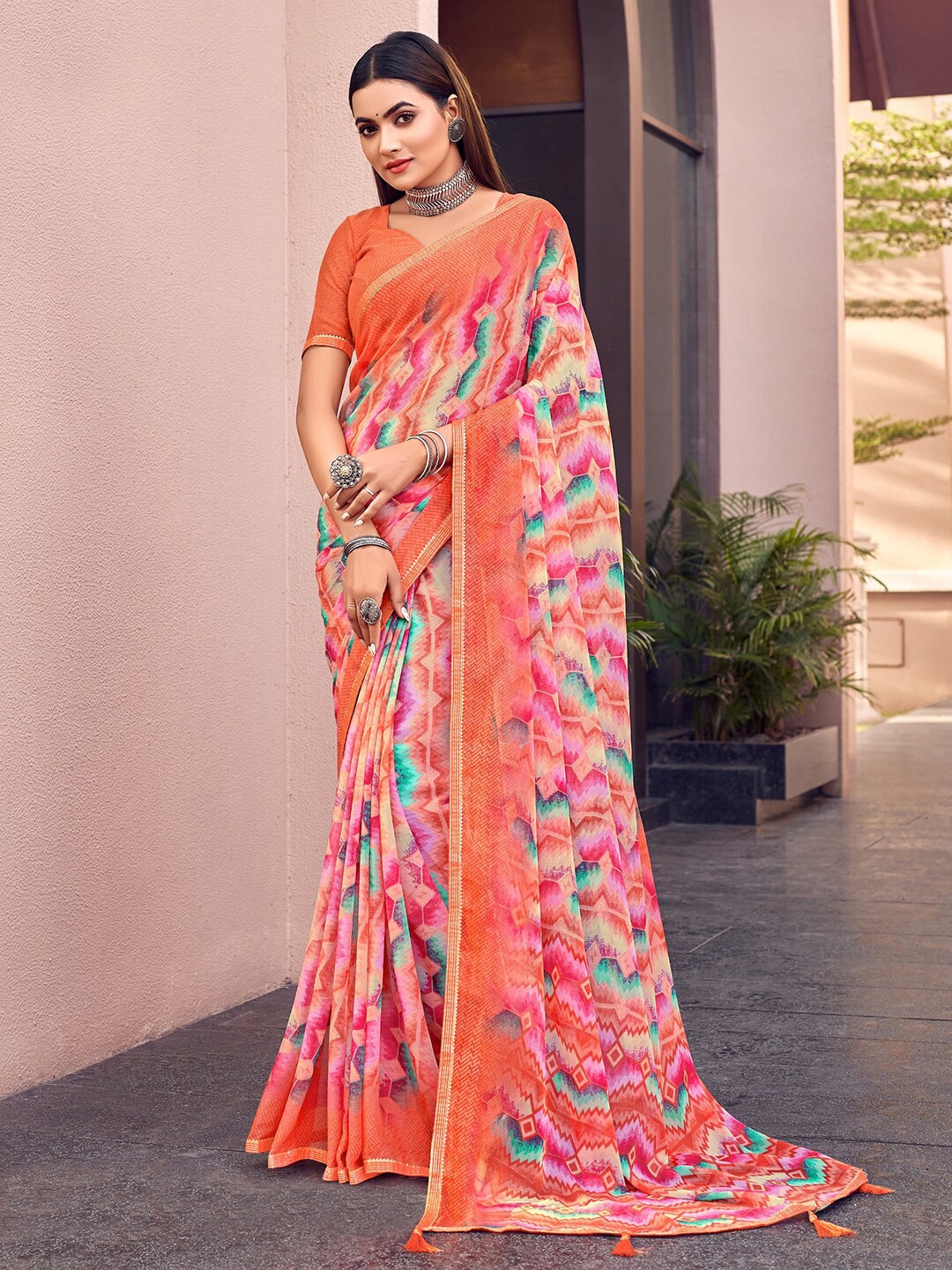 

Kasak Abstract Printed Gotta Patti Pure Chiffon Saree, Orange