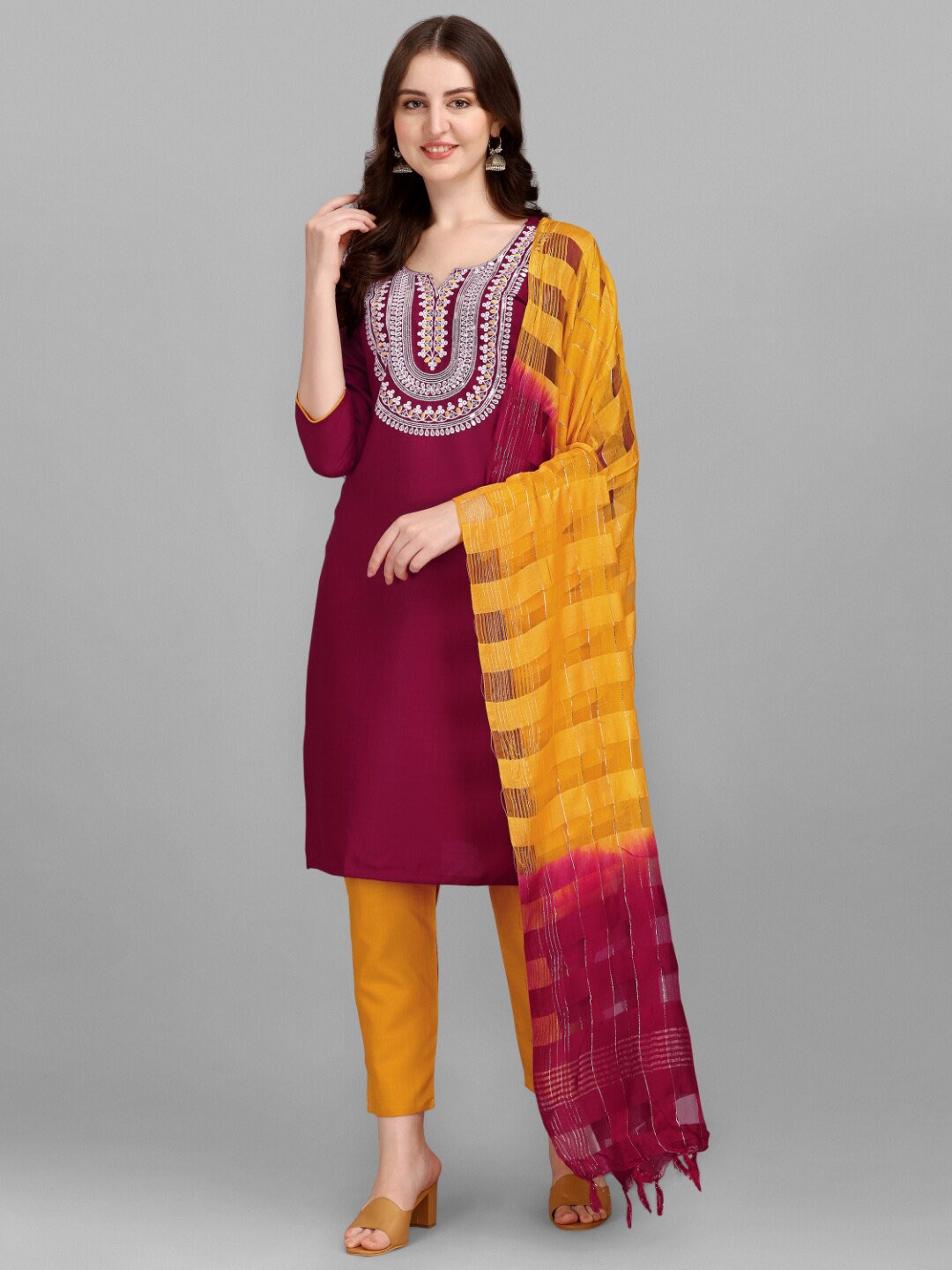 

KALINI Yoke Design Notched Neck Thread Work Pure Cotton Kurta With Trousers & Dupatta, Maroon