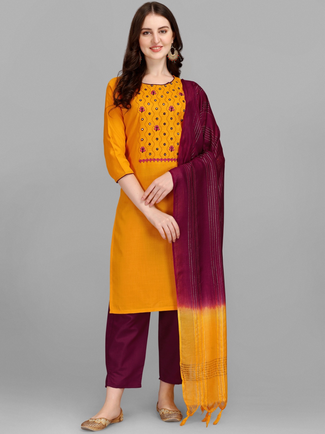 

KALINI Ethnic Motif Yoke Design Mirror Work Pure Cotton Kurta With Trousers & Dupatta, Yellow