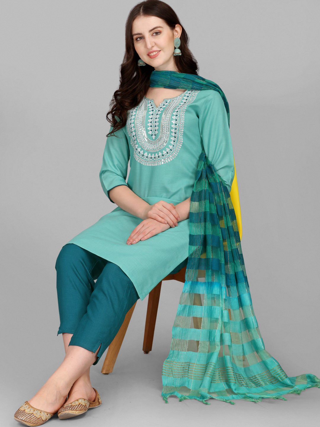 

KALINI Yoke Design Notched Neck Thread Work Pure Cotton Kurta With Trousers & Dupatta, Sea green
