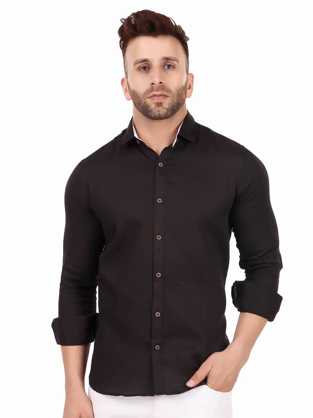 

ADWYN PETER Spread Collar New Cotton Casual Shirt, Black