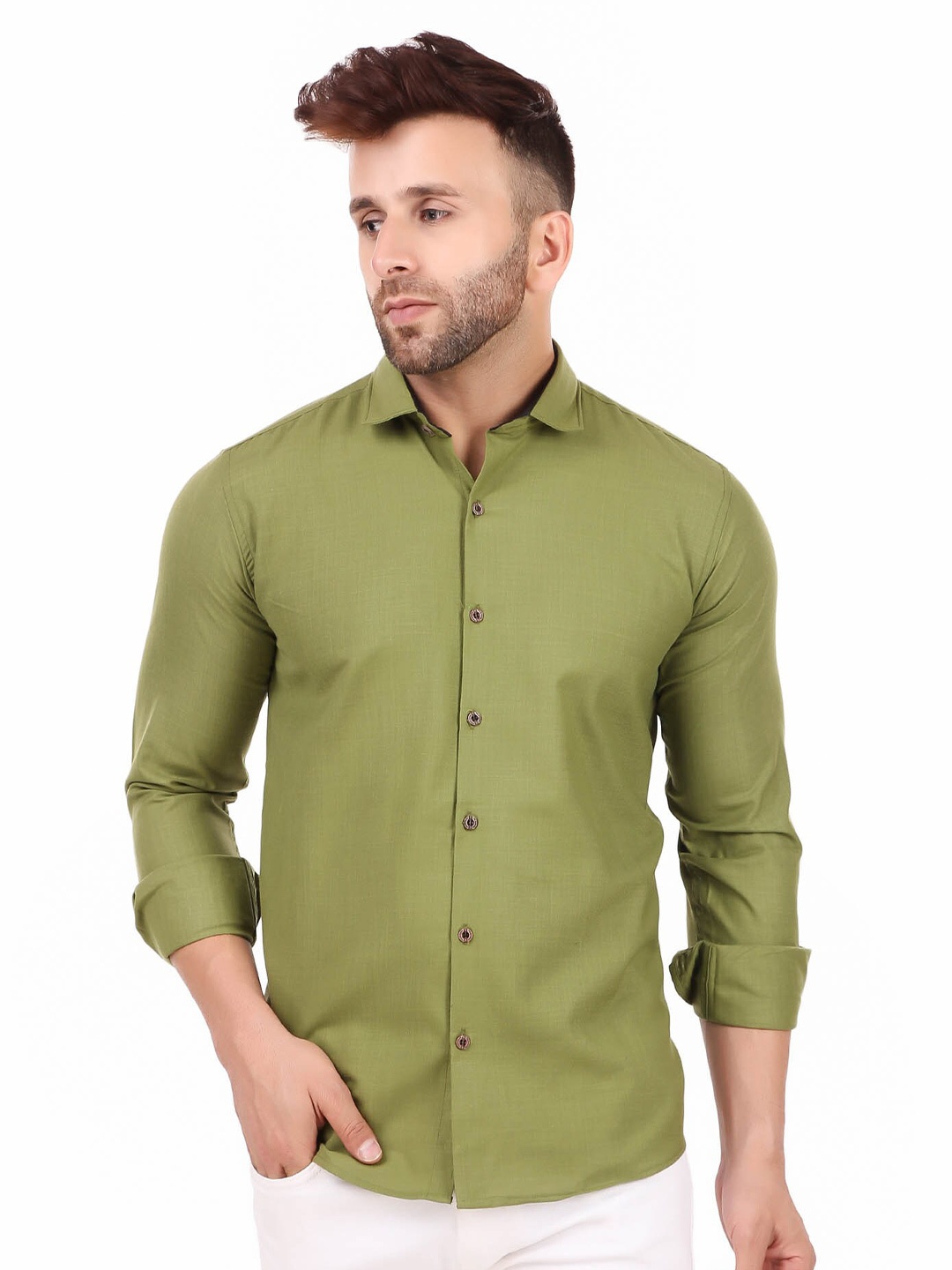 

ADWYN PETER Spread Collar New Cotton Casual Shirt, Green
