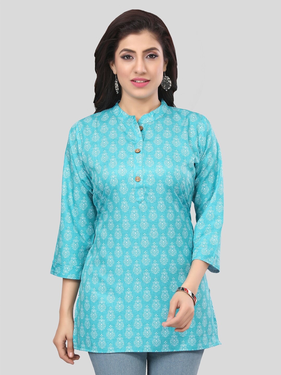 

Saree Swarg Ethnic Motifs Printed Mandarin Collar Kurti, Turquoise blue