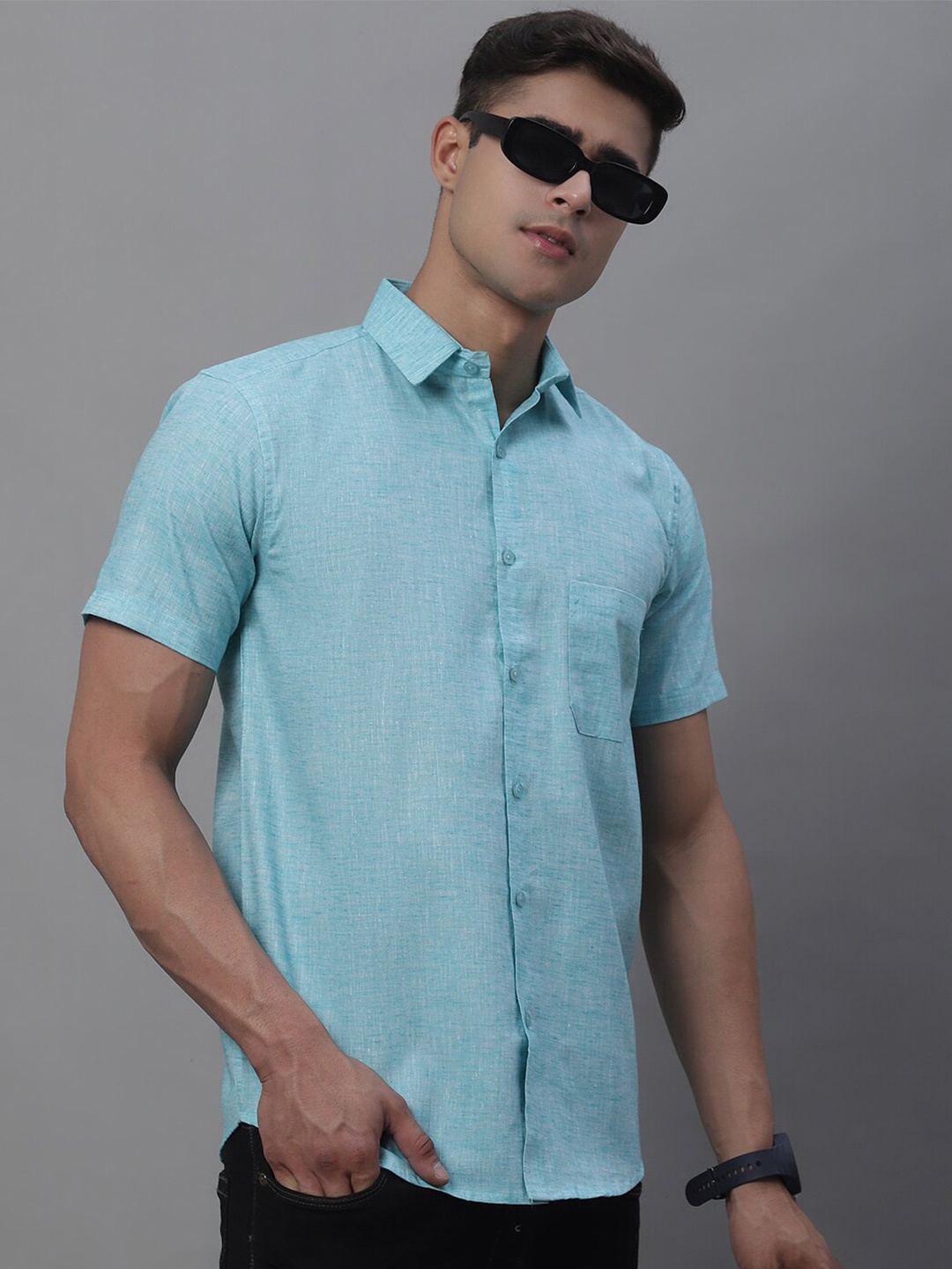 

JAINISH Classic Half Sleeve Opaque Pure Cotton Casual Shirt, Turquoise blue