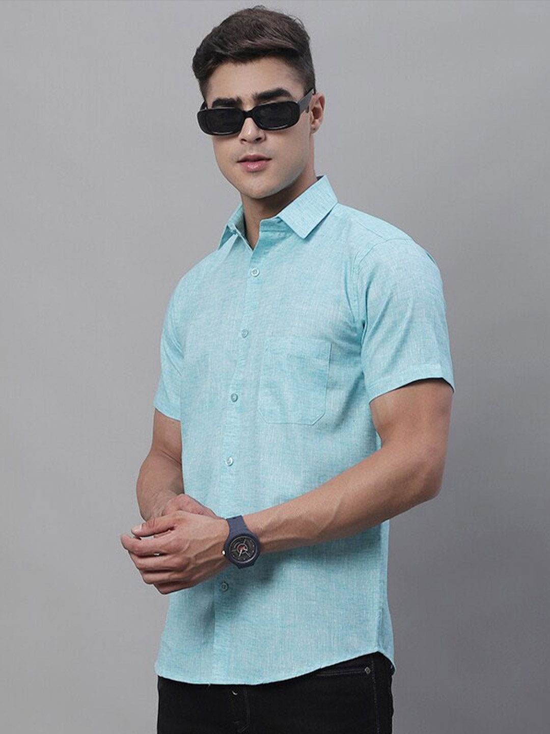 

JAINISH Classic Half Sleeve Opaque Pure Cotton Casual Shirt, Turquoise blue