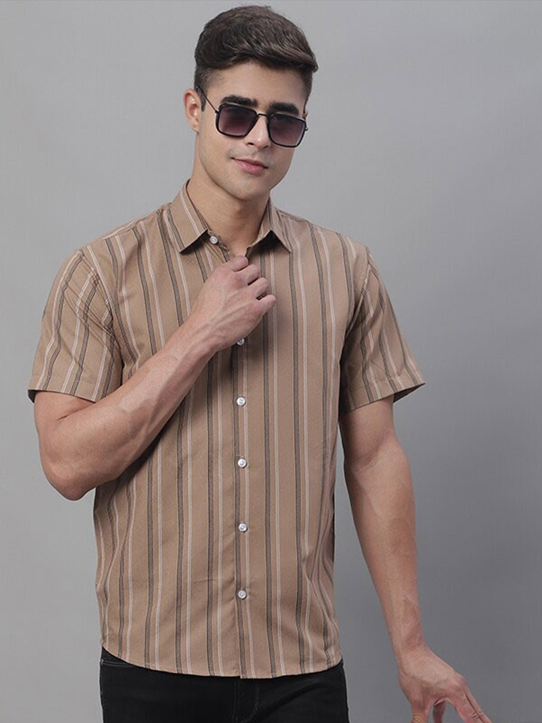 

JAINISH Classic Opaque Striped Pure Cotton Casual Shirt, Brown