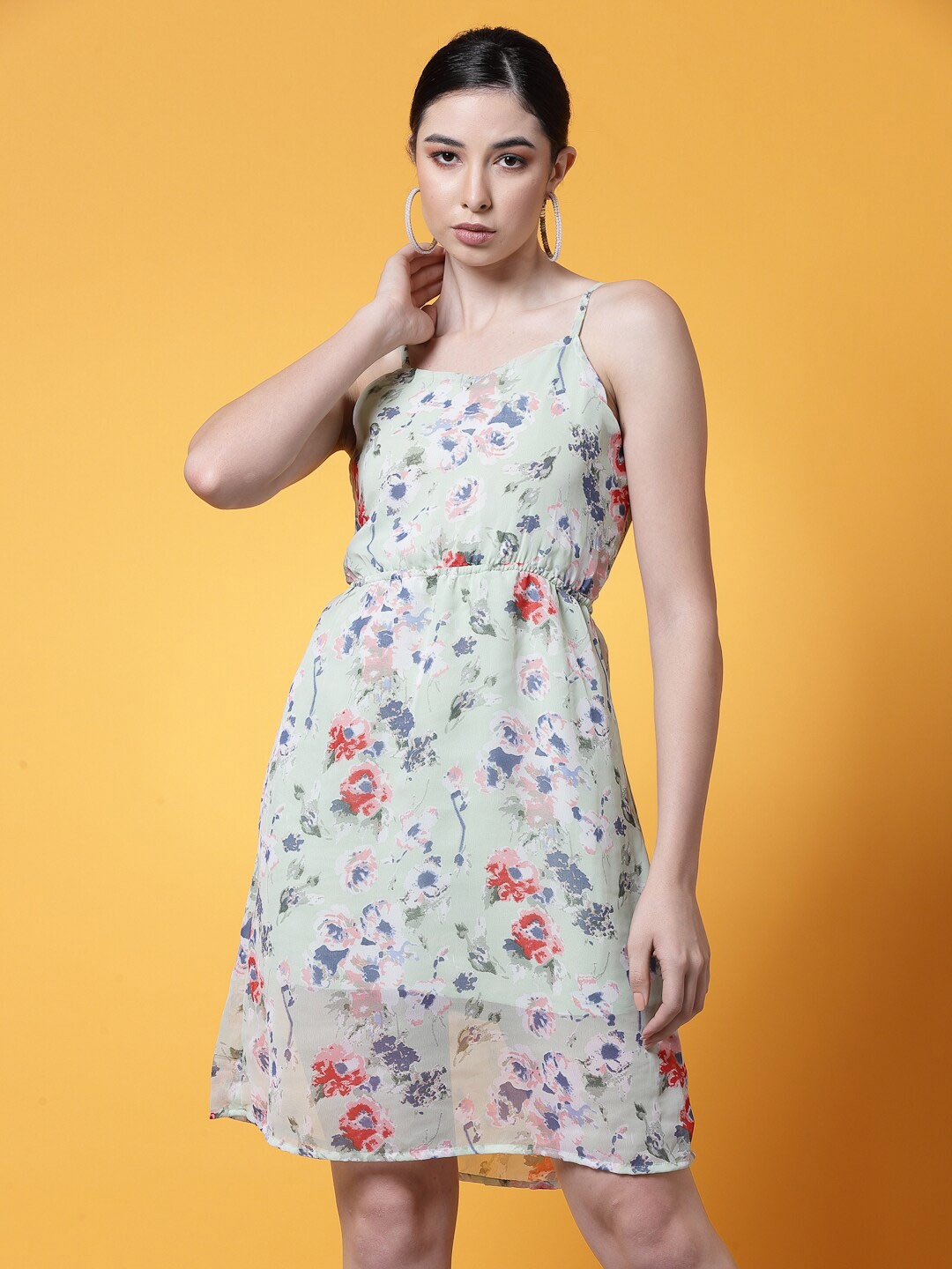 

Oomph! Floral Printed Shoulder Strap A-Line Dress, Sea green