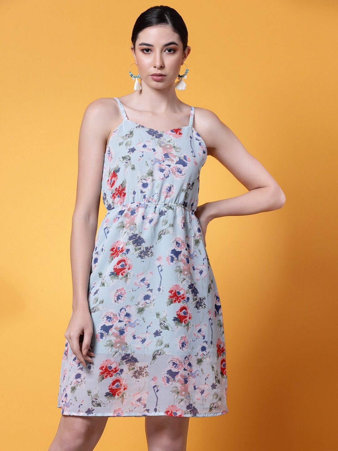 

Oomph! Floral Printed Shoulder Strap A-Line Dress, Blue