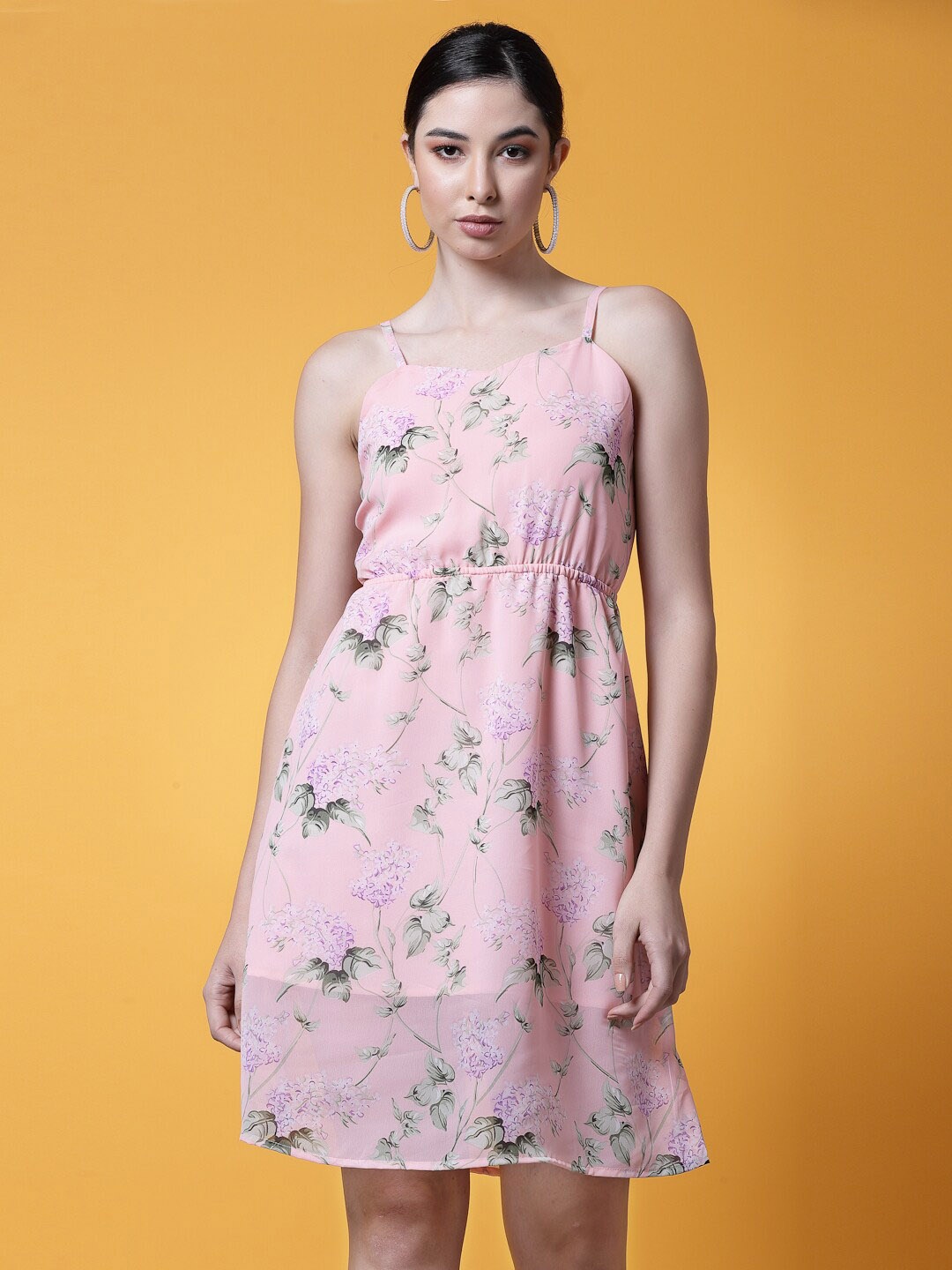 

Oomph! Floral Printed Shoulder Strap A-Line Dress, Pink