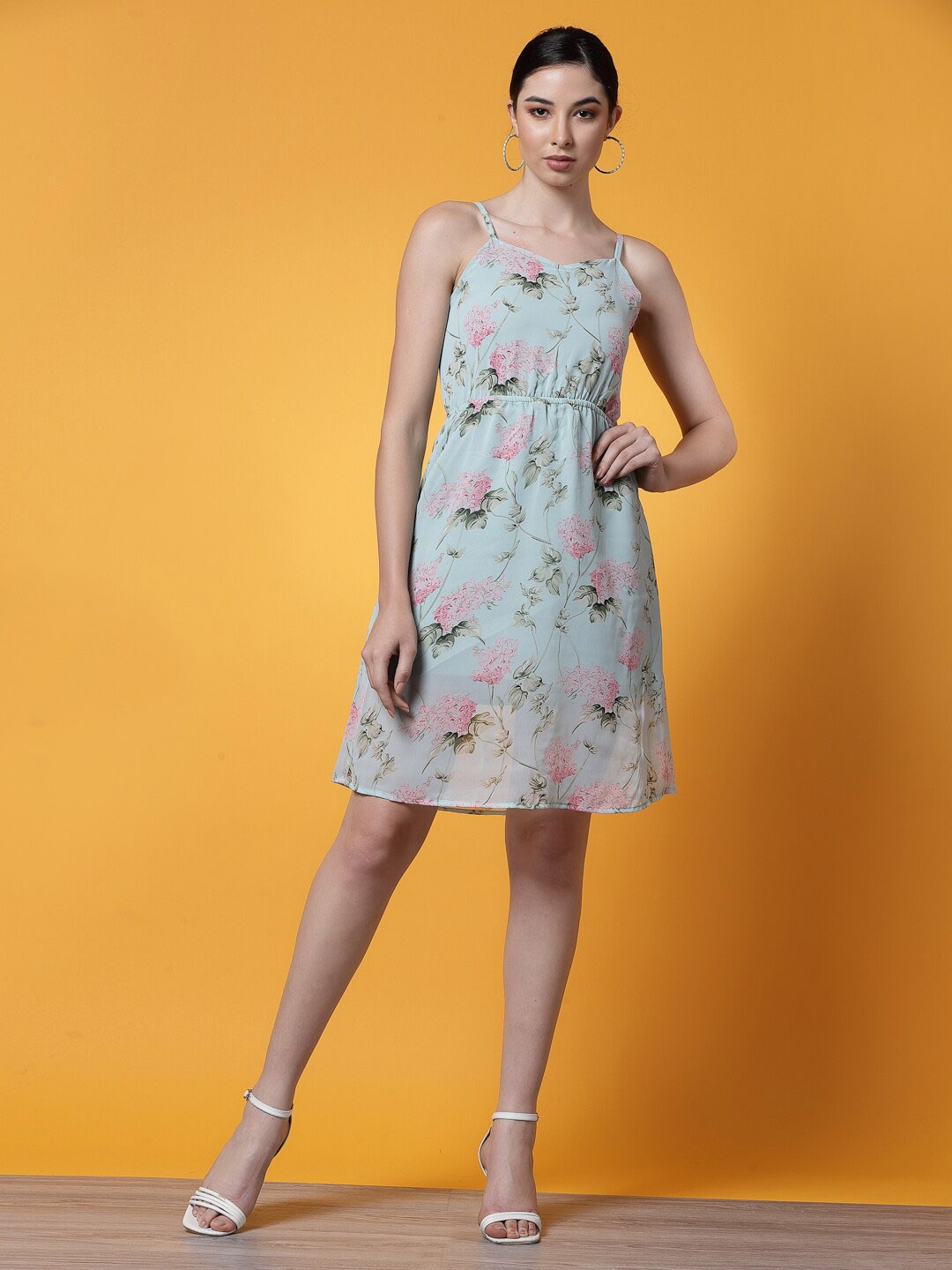 

Oomph! Floral Printed Shoulder Strap A-Line Dress, Blue