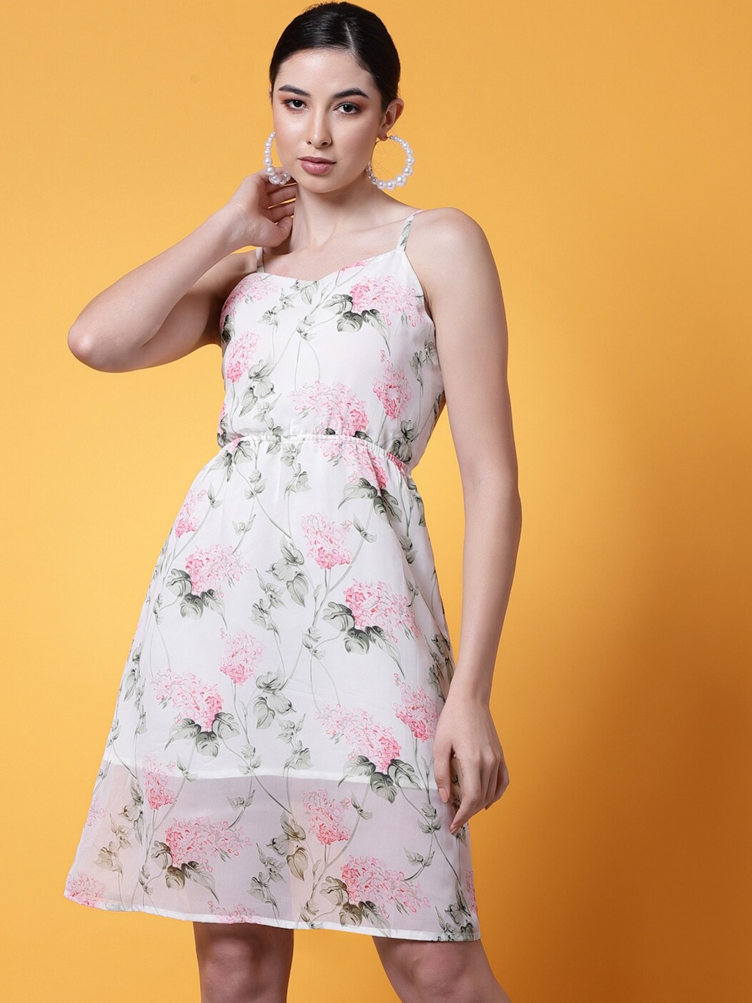 Oomph! Floral Printed Shoulder Strap A-Line Dress, Off white