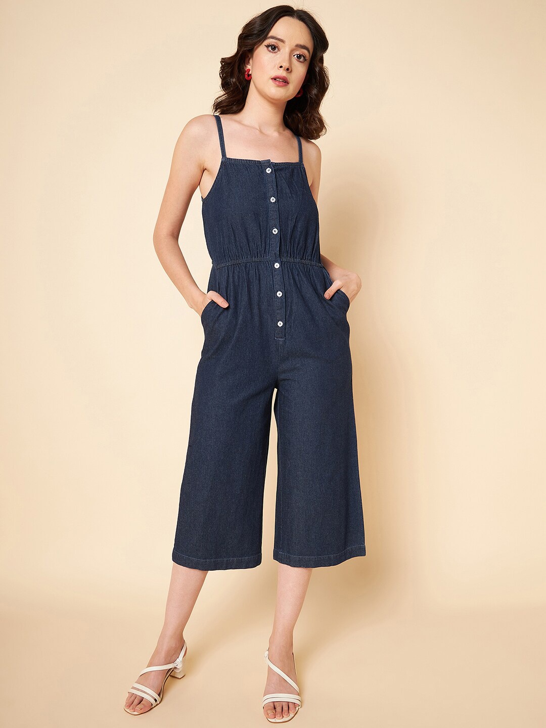 

High Star Pure Cotton Sleeveless Culotte Jumpsuit, Navy blue