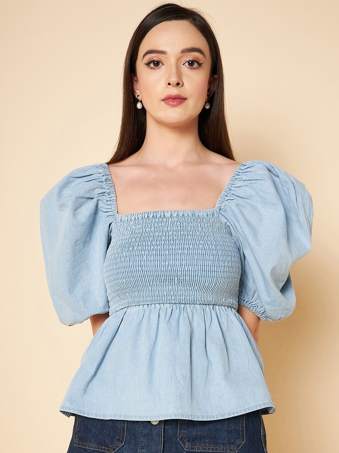 

High Star Square Neck Puff Sleeves Smocked Pure Cotton Peplum Top, Blue