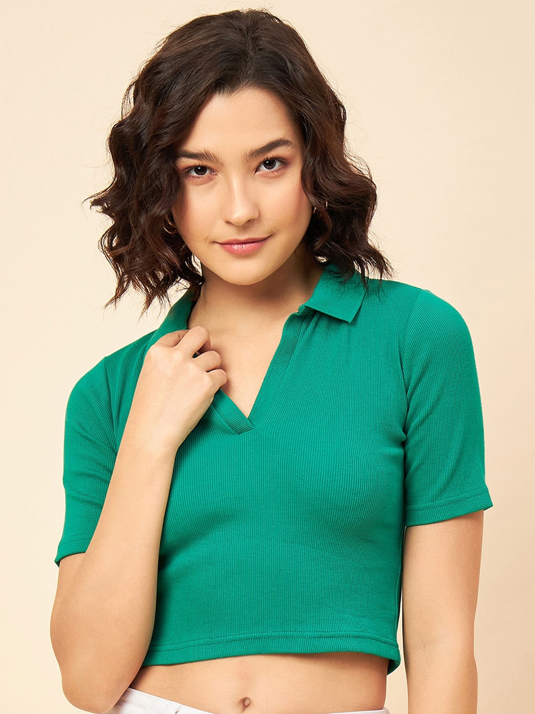 

High Star Shirt Collar Short Sleeves Pure Cotton Crop Fitted Top, Green