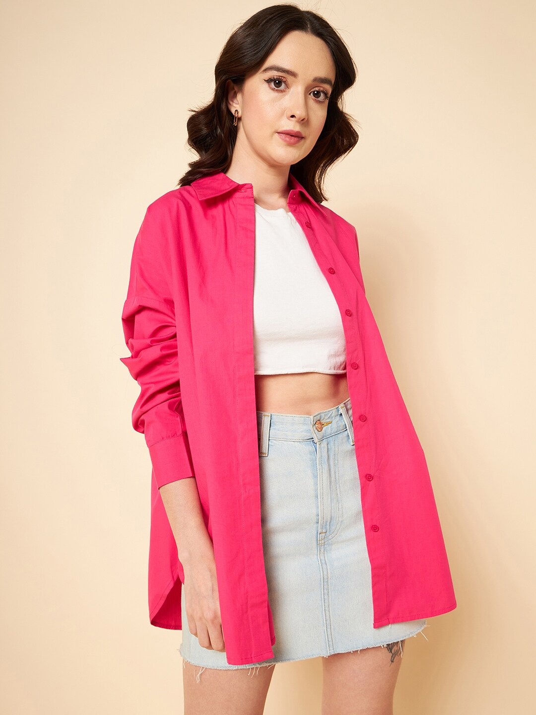 

High Star oversized solid cotton pink casual shirt