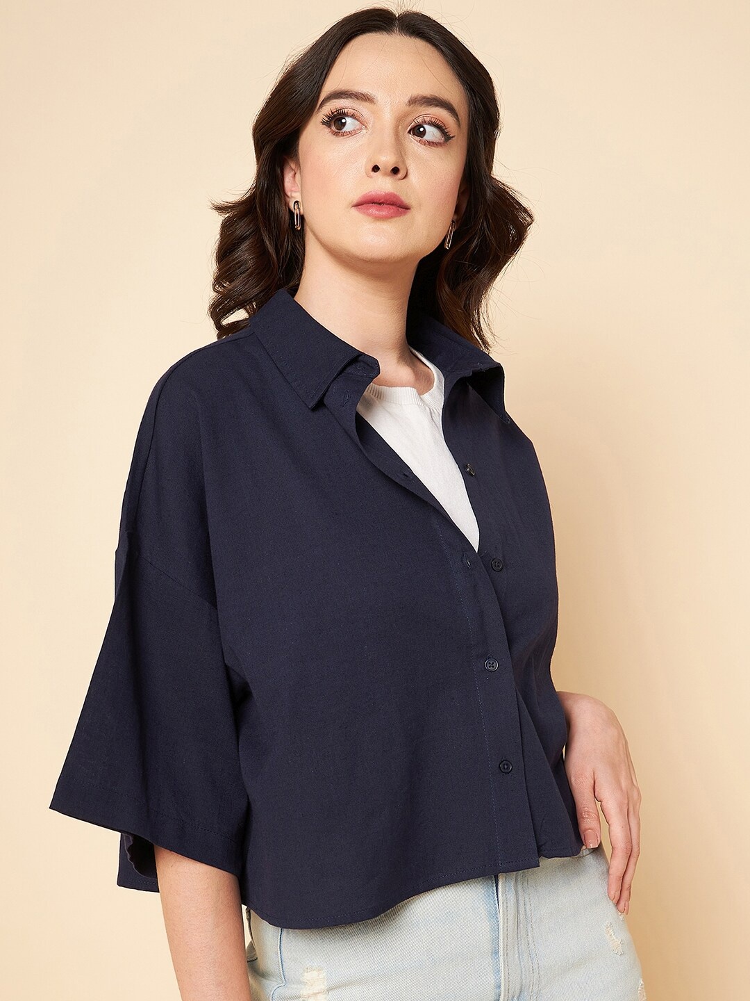 

High Star oversized solid cotton navy casual shirt, Navy blue