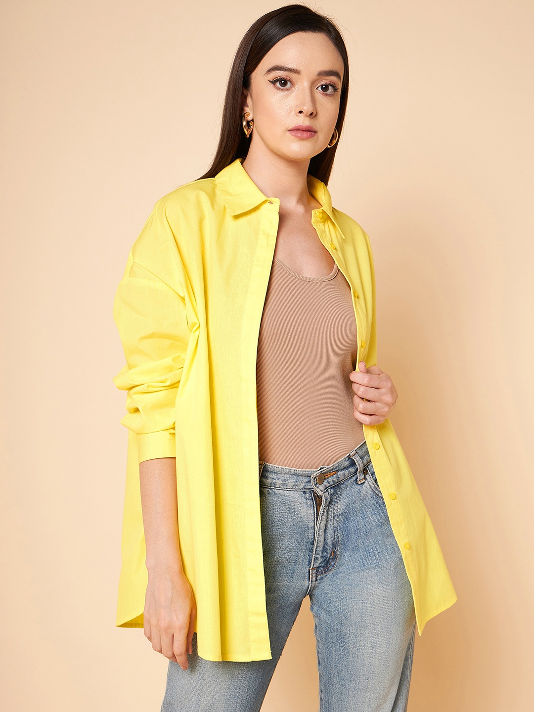 

High Star Oversized Solid Cotton Casual Shirt, Yellow