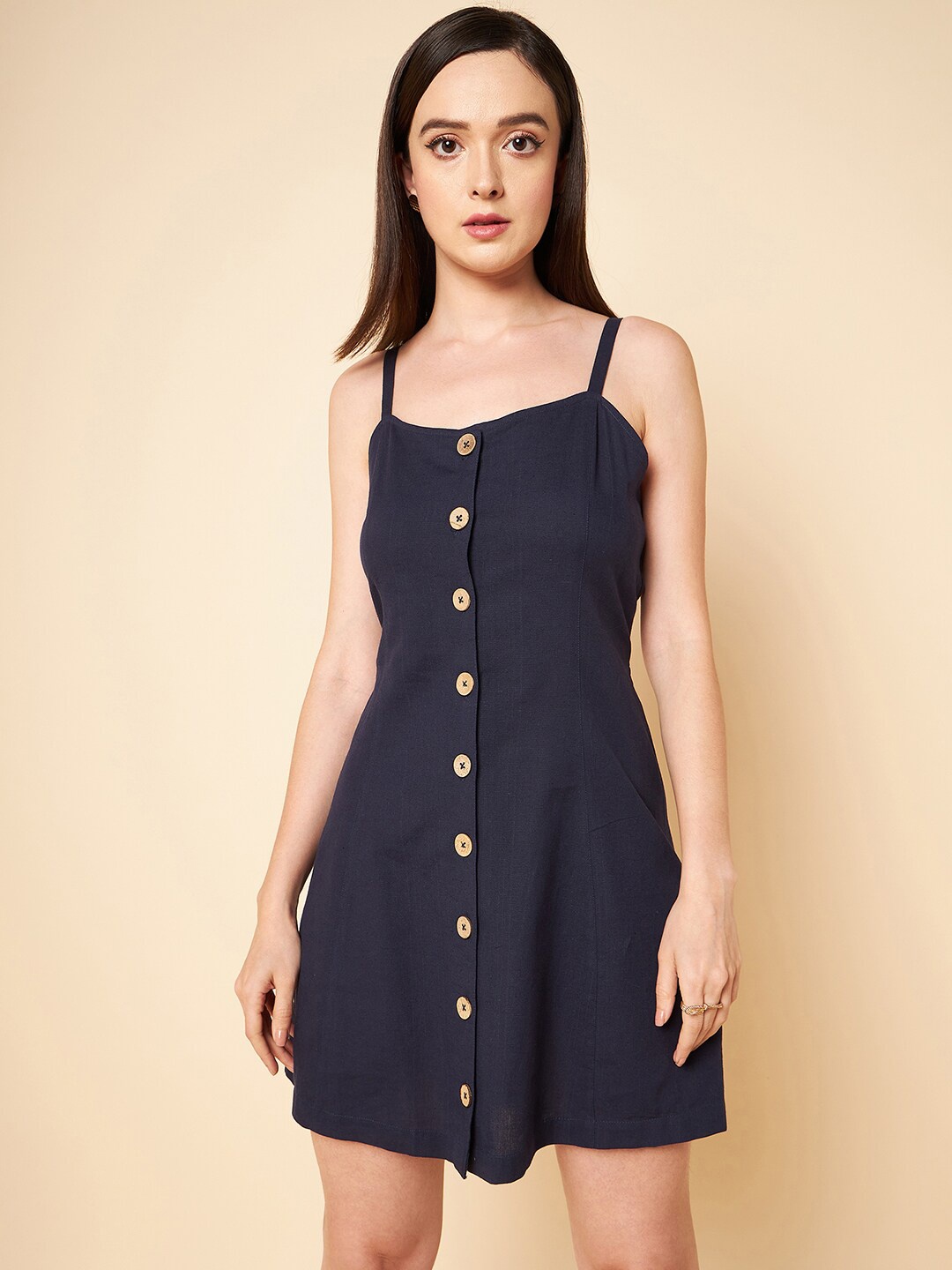 

High Star Shoulder Strap Shirt Mini Dress, Navy blue