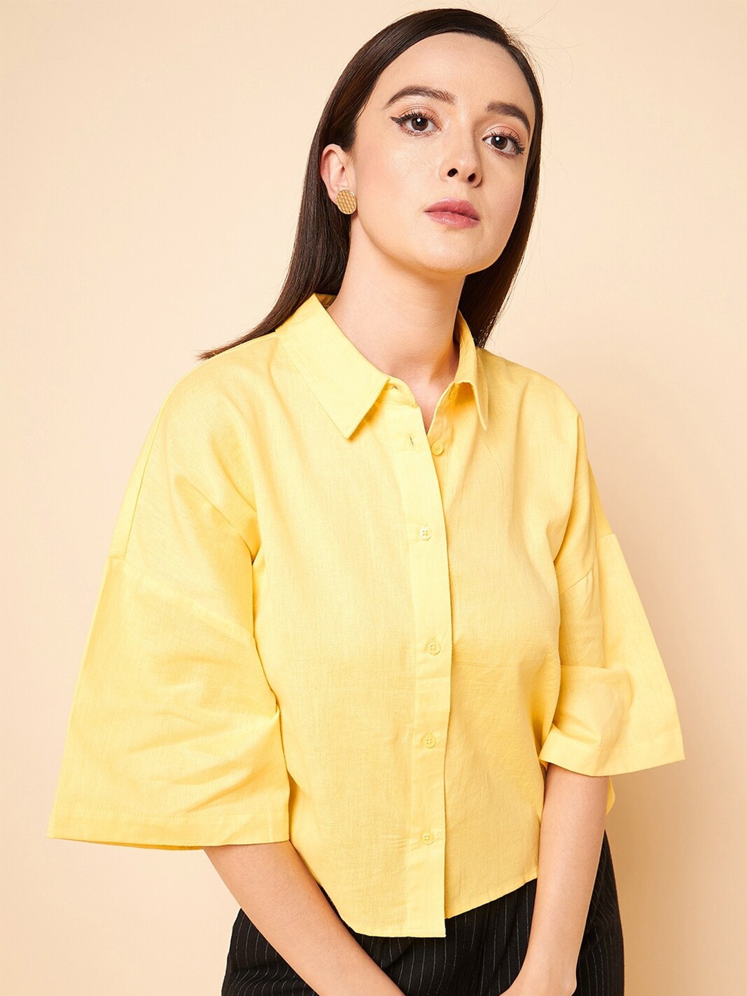 

High Star Oversized Solid Cotton Casual Shirt, Yellow