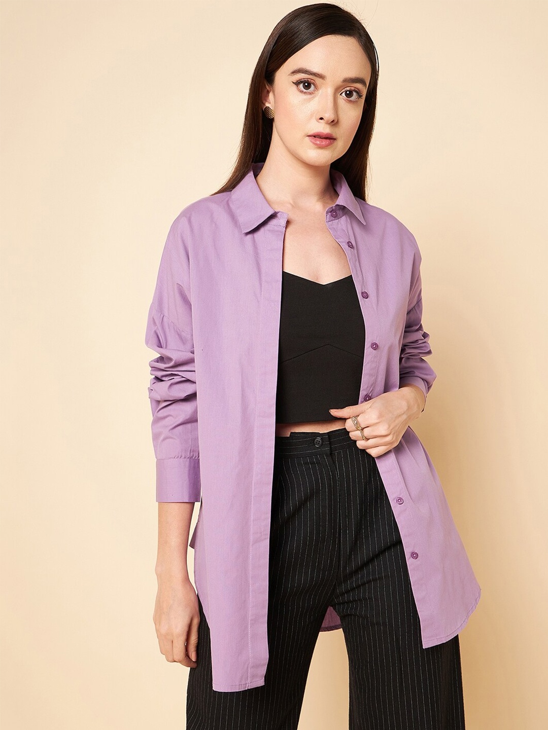 

High Star Oversized Solid Cotton Casual Shirt, Purple