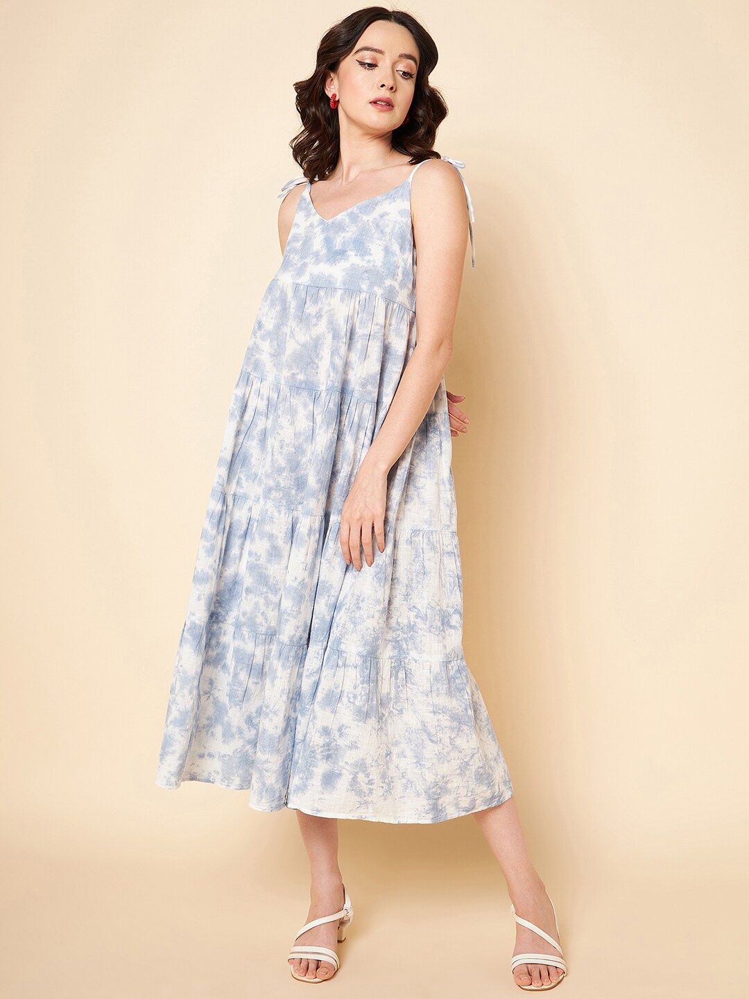 

High Star Abstract Printed Shoulder Strap Tiered Pure Cotton A-Line Midi Dress, Blue