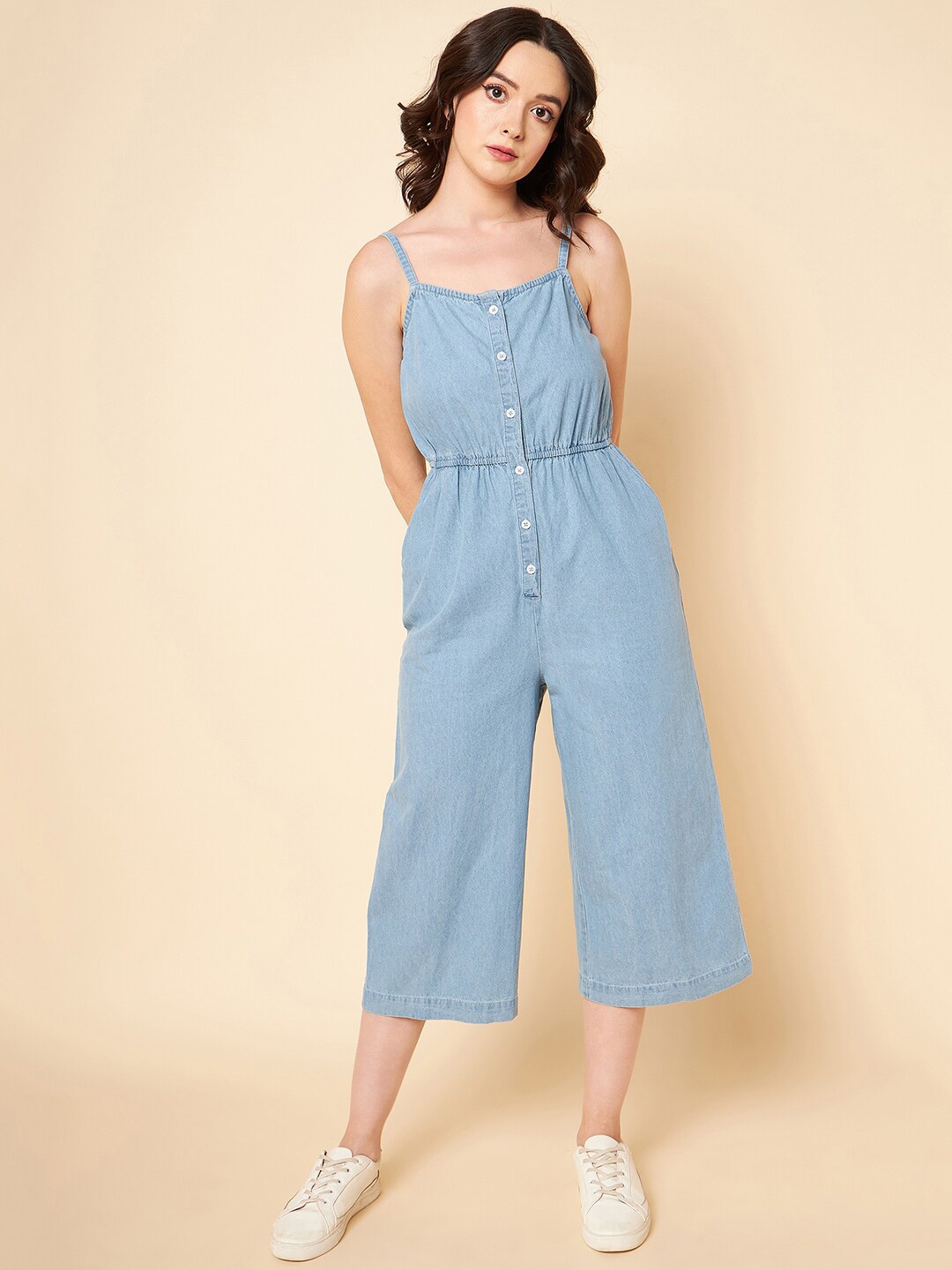 

High Star Pure Cotton Sleeveless Culotte Jumpsuit, Blue