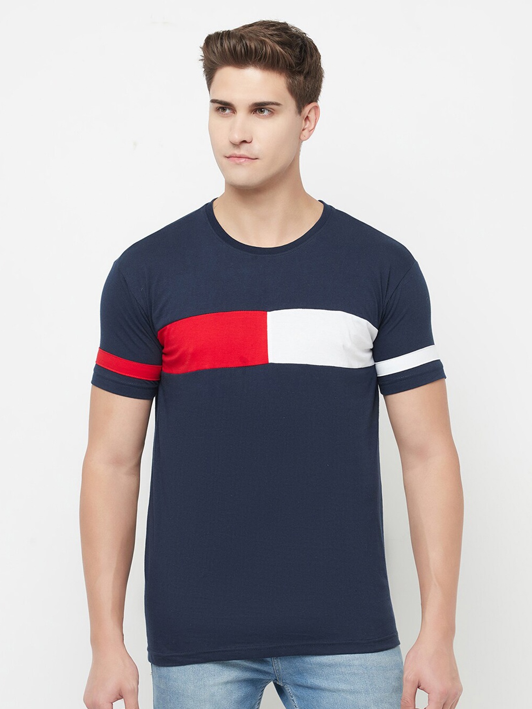 

SMARTEES Colourblocked Short Sleeves Cotton Casual T-Shirt, Navy blue