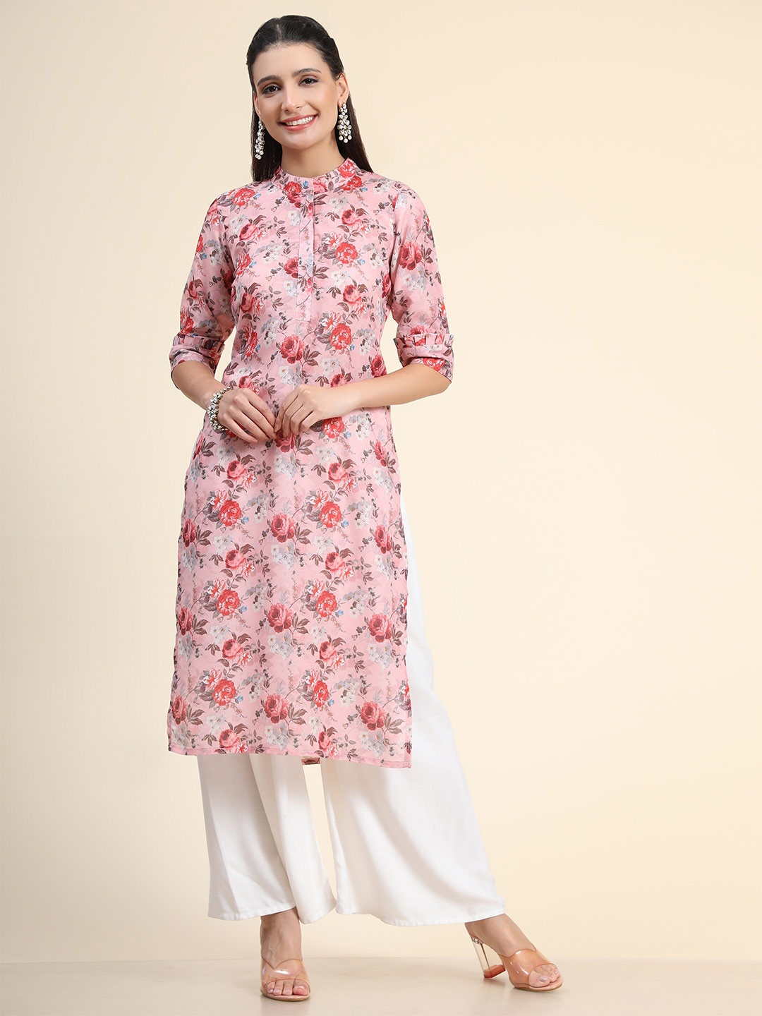 

AVANSHEE Mandarin Collar Floral Printed Kurta, Pink