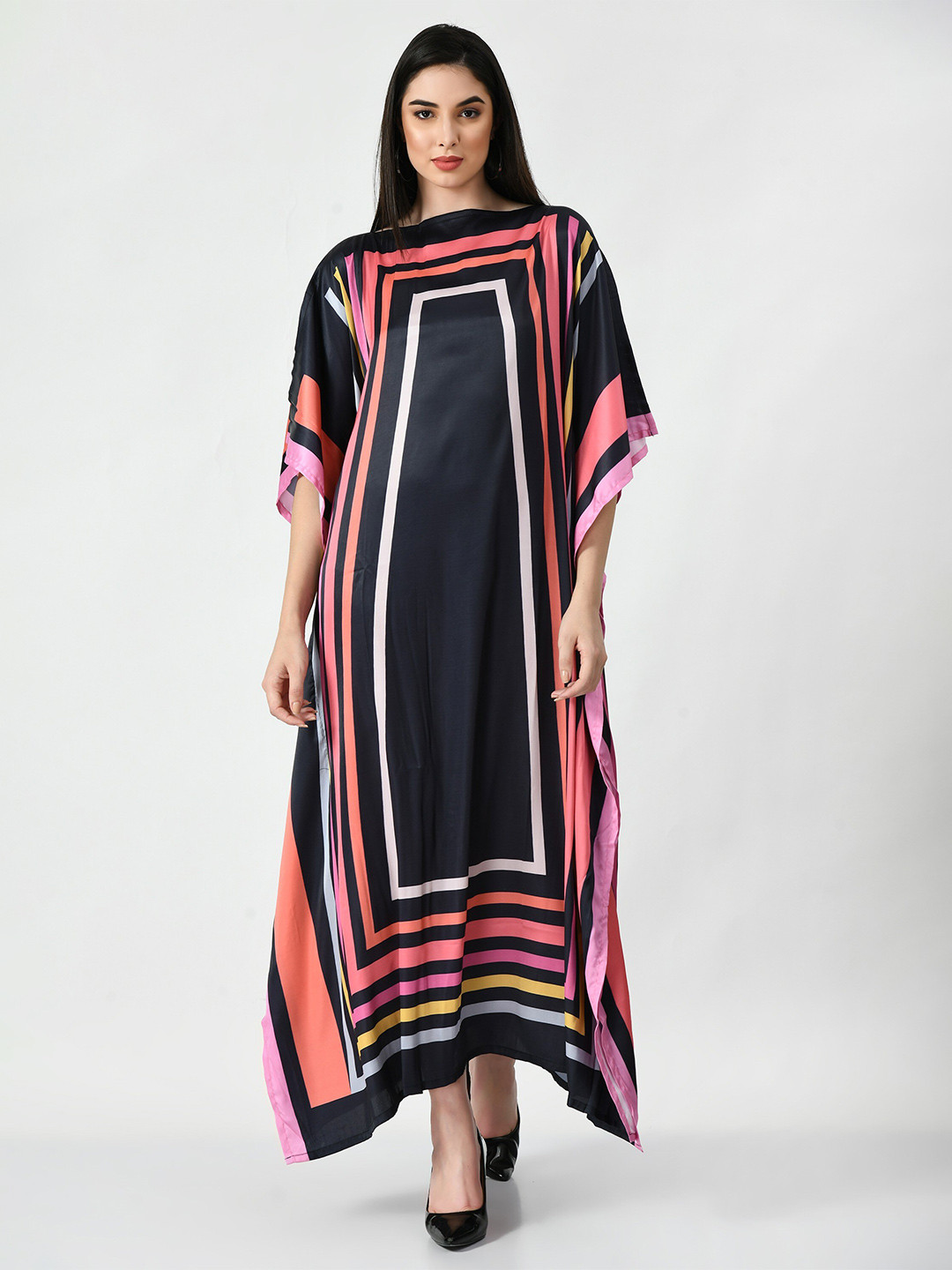 

Navvi Striped Kimono Sleeve Satin Kaftan Maxi Dress, Black