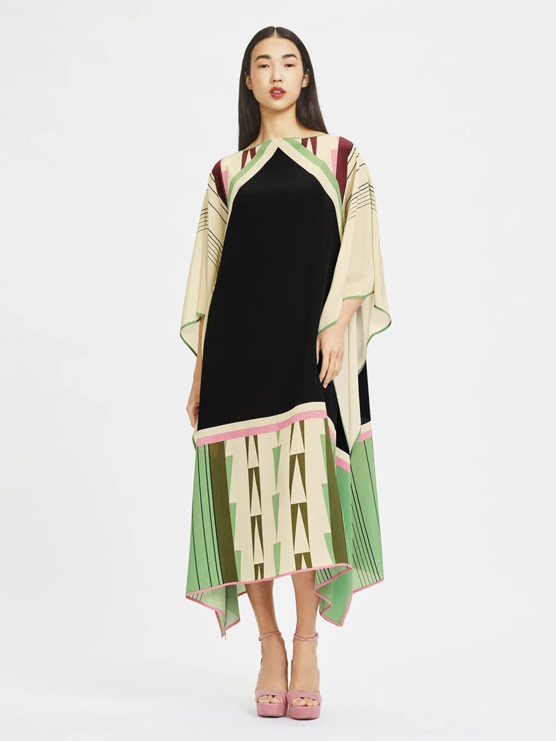 

Navvi Geometric Printed Kaftan Dress, Black