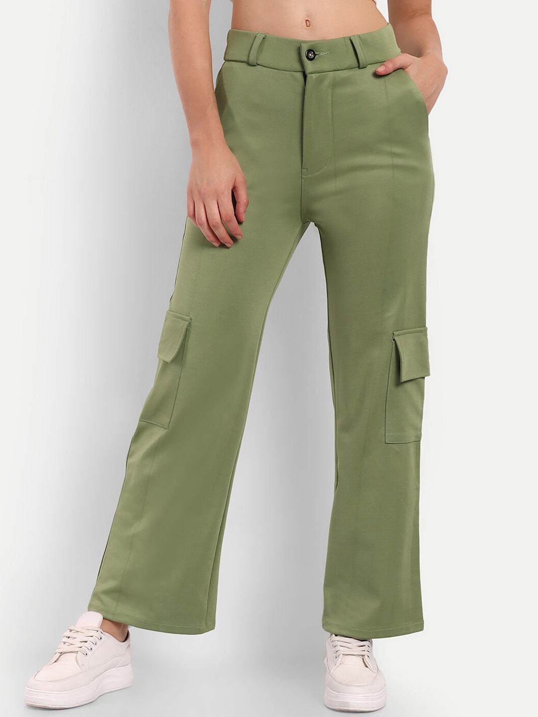 

BROADSTAR Women Relaxed Straight Fit High-Rise Easy Wash Cargos Trousers, Green