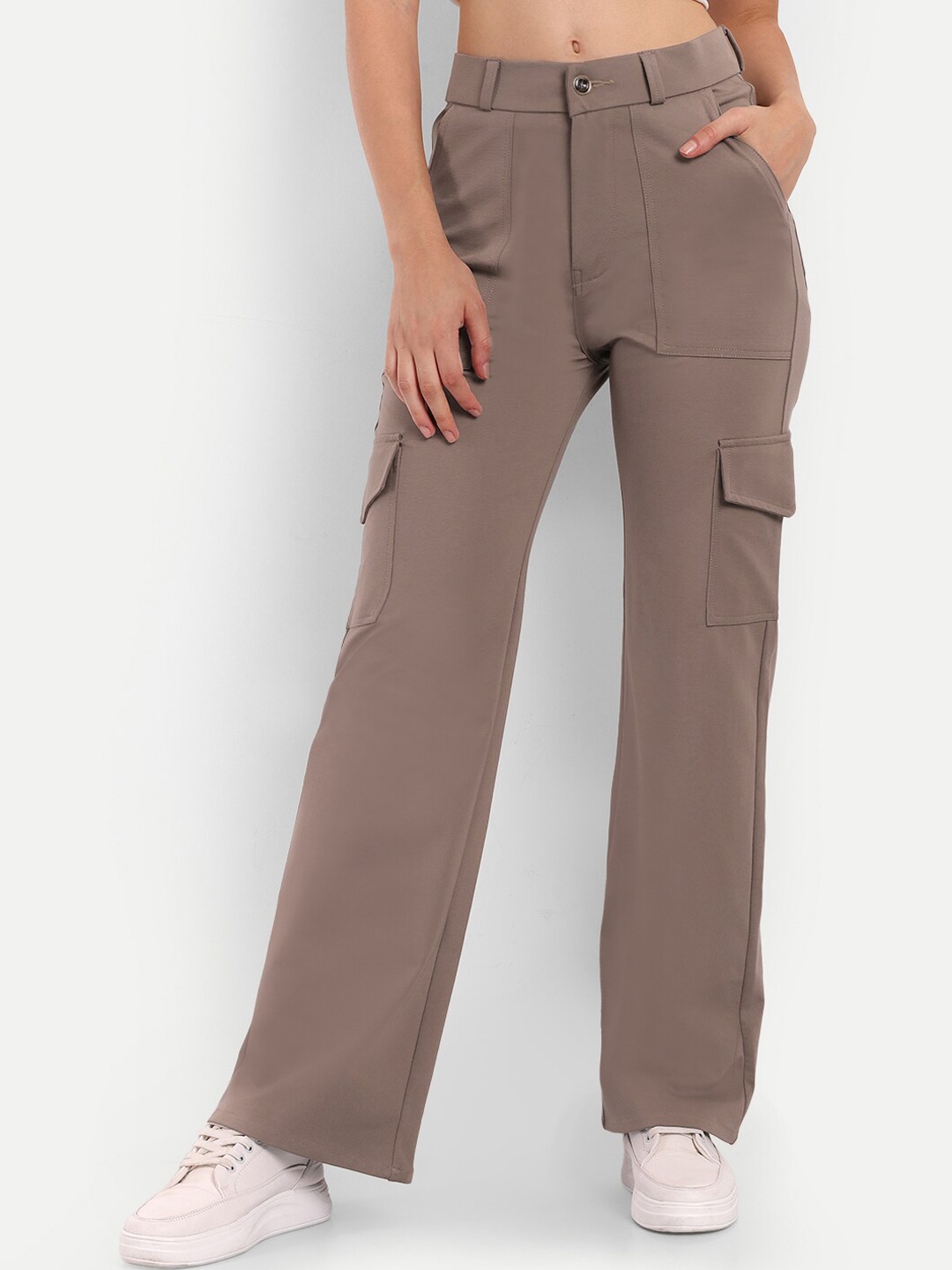 

BROADSTAR Women Relaxed Straight Fit High-Rise Easy Wash Cargos Trousers, Brown