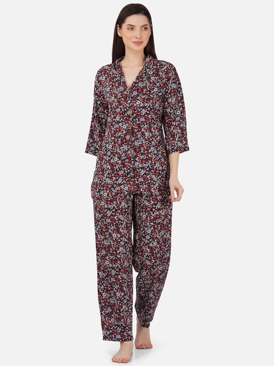 

Romaisa Floral Printed Night Suit, Black