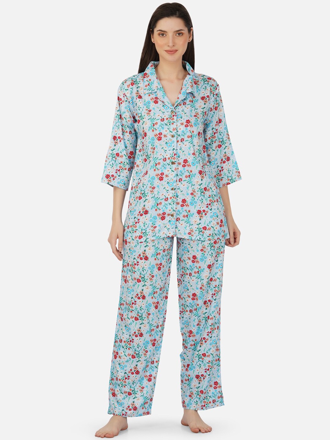

Romaisa Floral Printed Night Suit, Blue