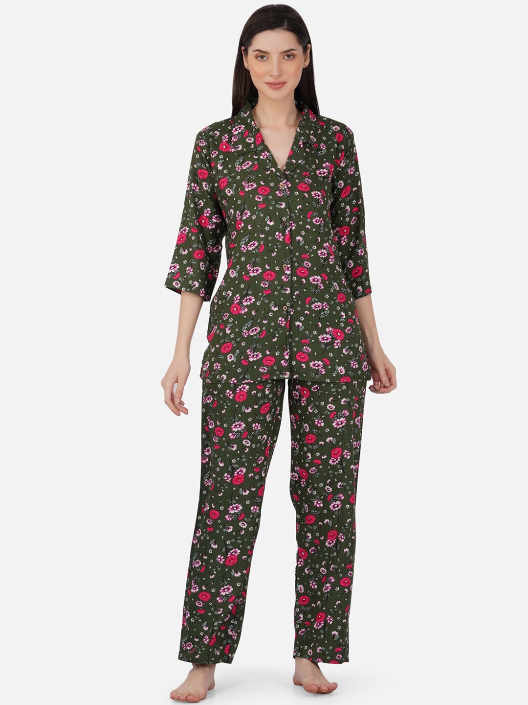 

Romaisa Floral Printed Night Suit, Green