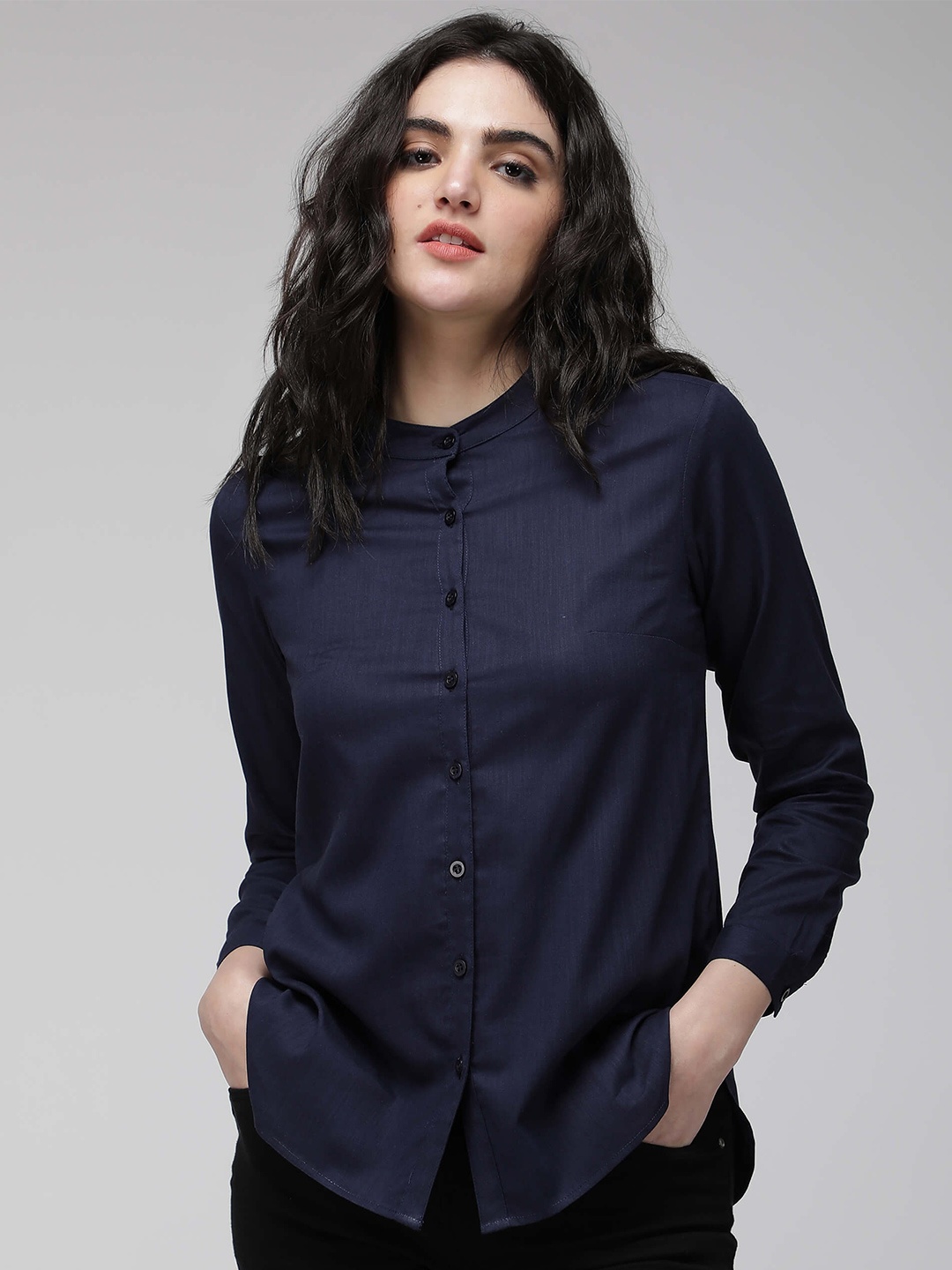 

IDK Band Collar Cuffed Sleeves Shirt Style Top, Navy blue
