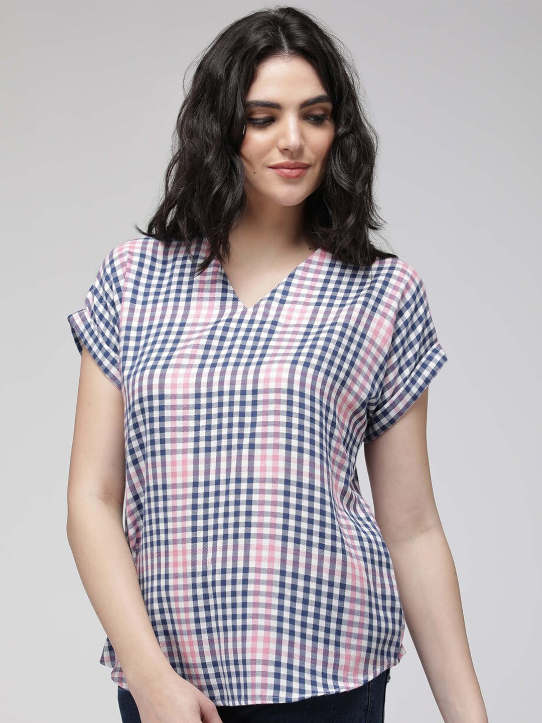 

IDK Checked V-Neck Top, Blue
