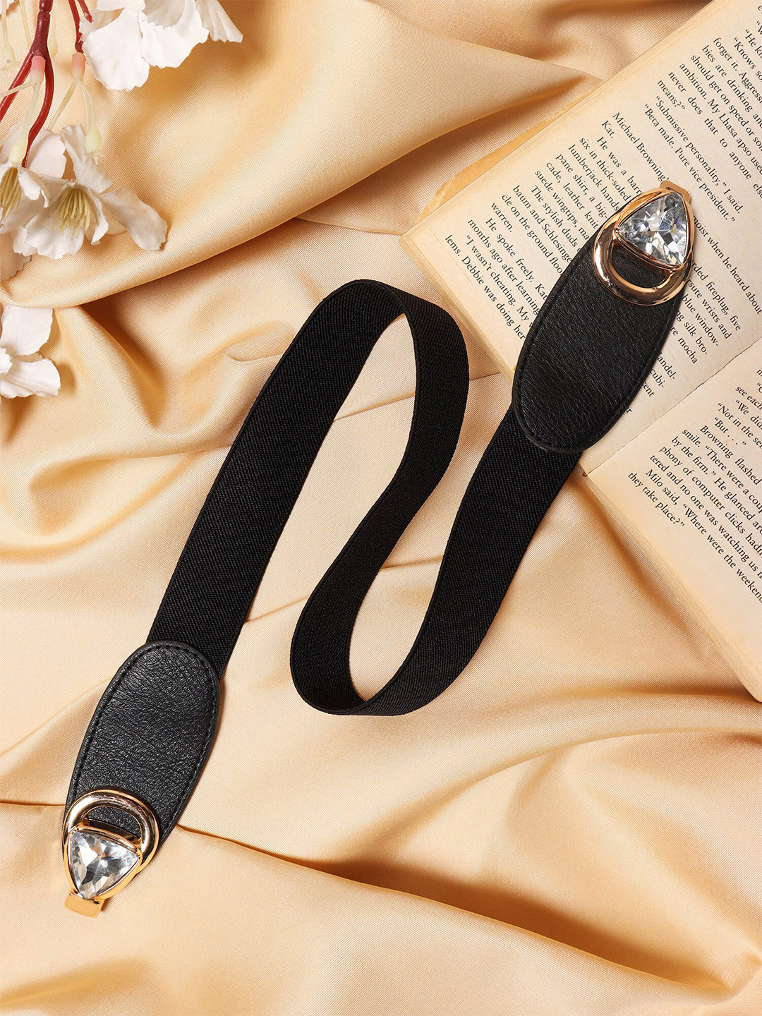 

Berrylush Women Black & Gold-Toned PU Slim Belt With Interlock