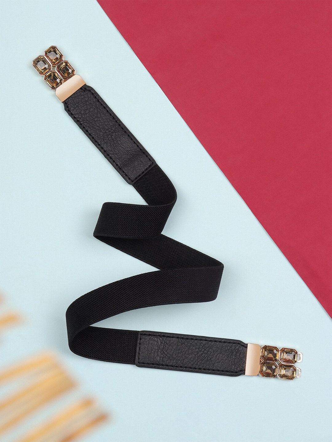 

Berrylush Women Black & Gold-Toned PU Slim Belt With Interlock