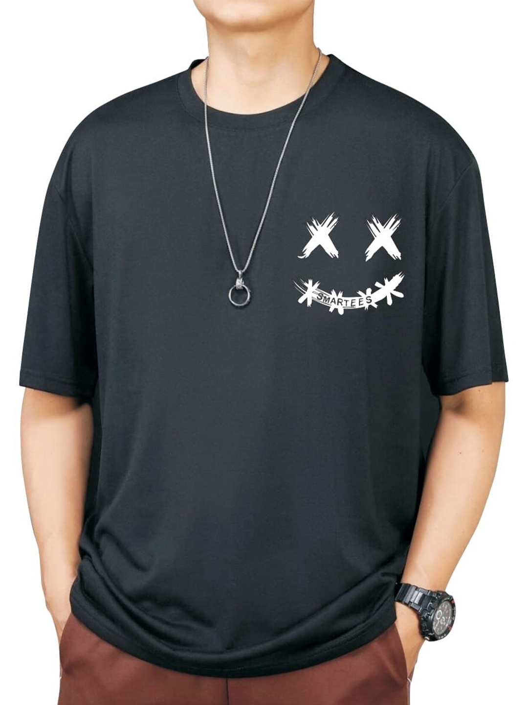 

SMARTEES Graphic Printed Drop-Shoulder Cotton T-shirt, Black