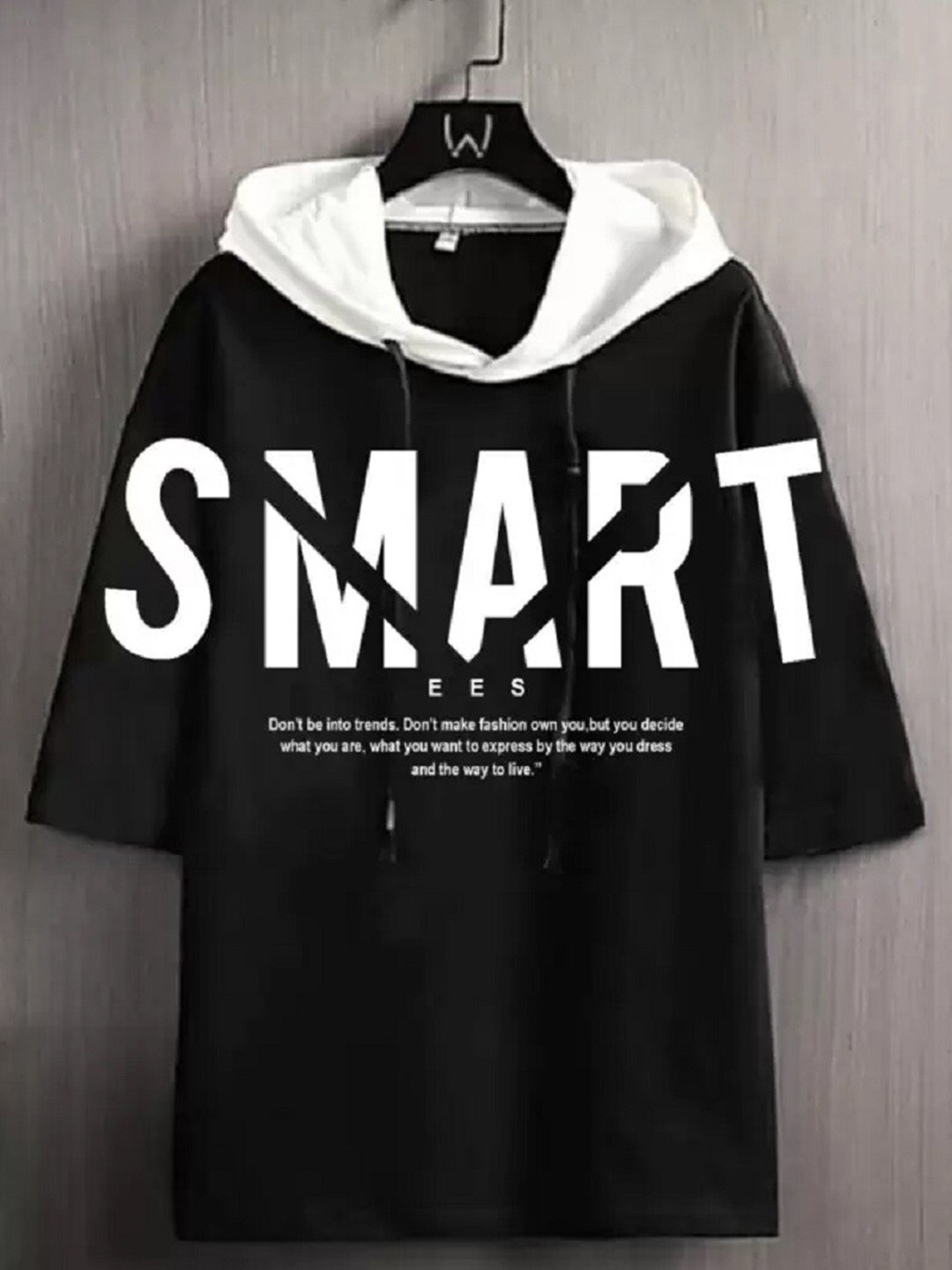 

SMARTEES Typography Printed Hooded Drop-Shoulder Cotton T-shirt, Black