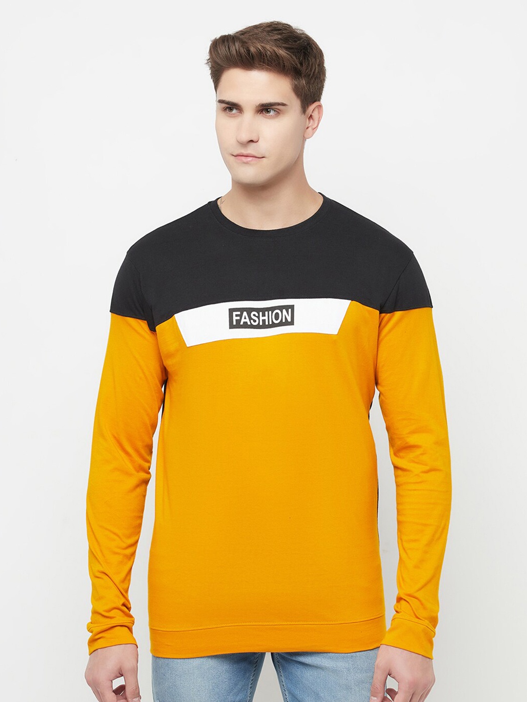 

SMARTEES Colourblocked Long Sleeves Cotton Casual T-Shirt, Mustard