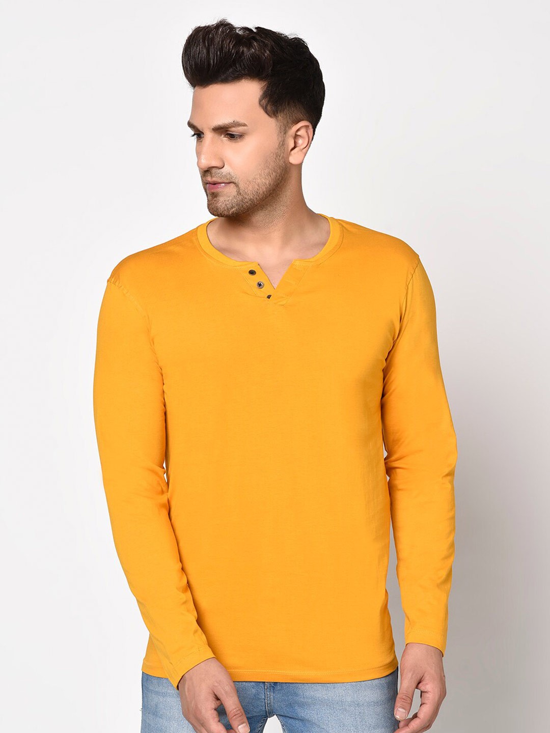 

SMARTEES Henley Neck Cotton Casual T-Shirt, Mustard
