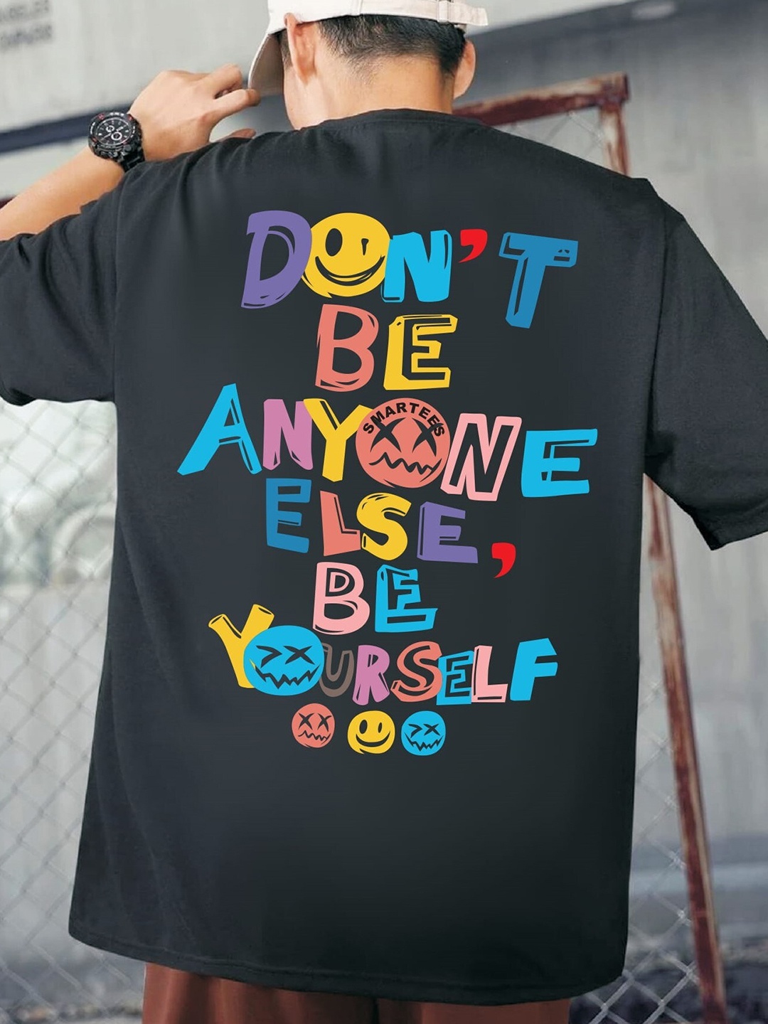 

SMARTEES Typography Printed Drop-Shoulder Sleeves Cotton T-Shirt, Black