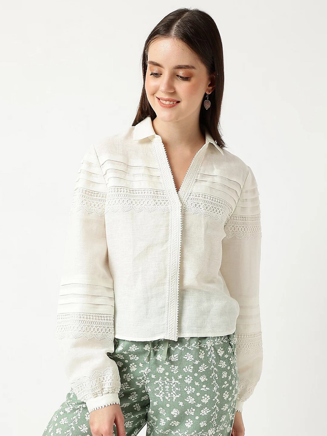 

Marks & Spencer Lace Inserted Cuffed Sleeves Linen Cotton Shirt Style Top, White