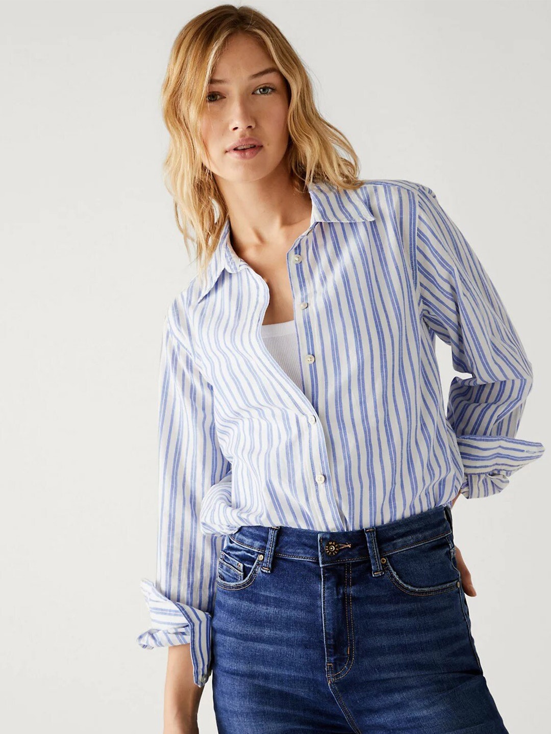 

Marks & Spencer Vertical Striped Spread Collar Pure Cotton Casual Shirt, Blue