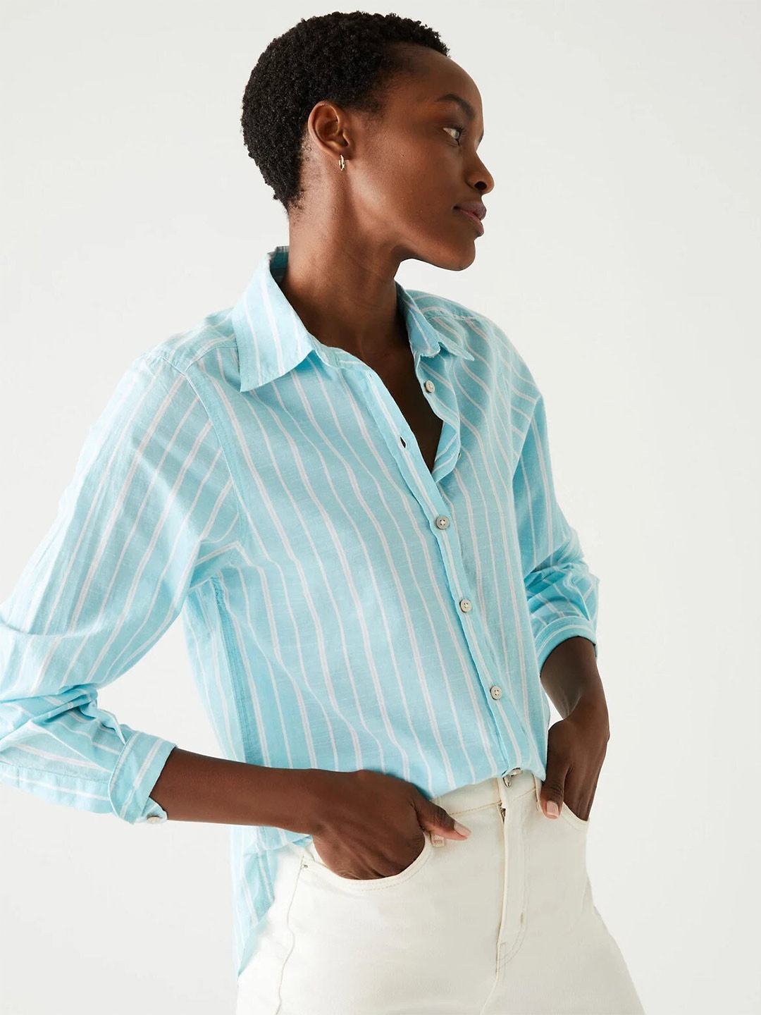 

Marks & Spencer Vertical Striped Spread Collar Pure Cotton Casual Shirt, Blue