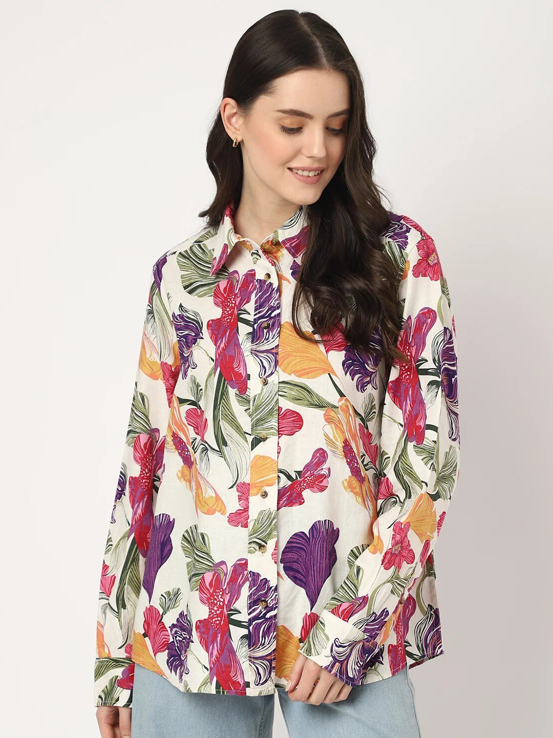 

Marks & Spencer Floral Printed Spread Collar Pure Linen Casual Shirt, Off white