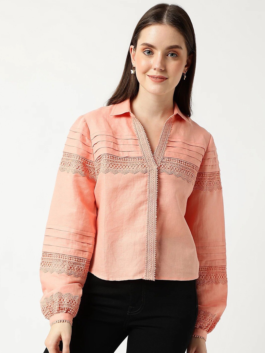 

Marks & Spencer Lace Inserted Cuffed Sleeves Linen Cotton Shirt Style Top, Orange